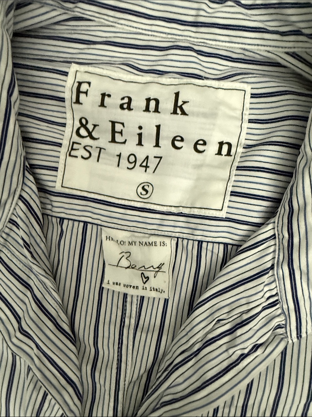 Frank & Eileen women’s White Shirt with Navy Pinstripes Barry. Small. - Picture 2 of 4